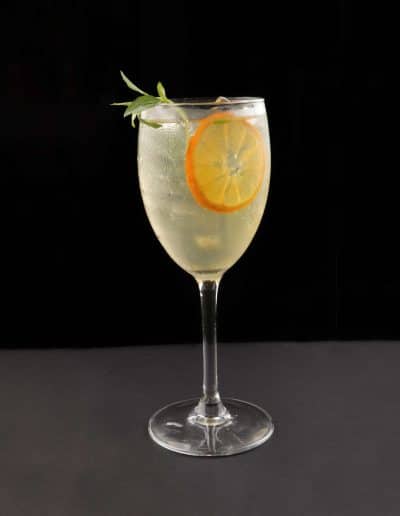 Glass with a light-colored cocktail, garnished with a slice of orange and a sprig of fresh herbs, served with ice cubes against a dark background